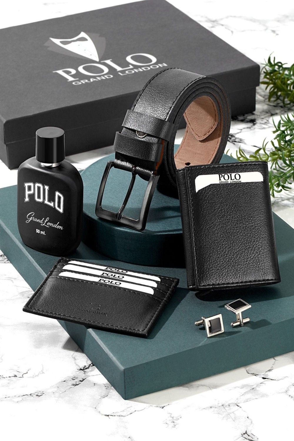 POLOGRAND London Erkek Kutulu 5'li Set Cüzdan Kemer Kartlık Parfüm Kol Düğmesi görsel 3