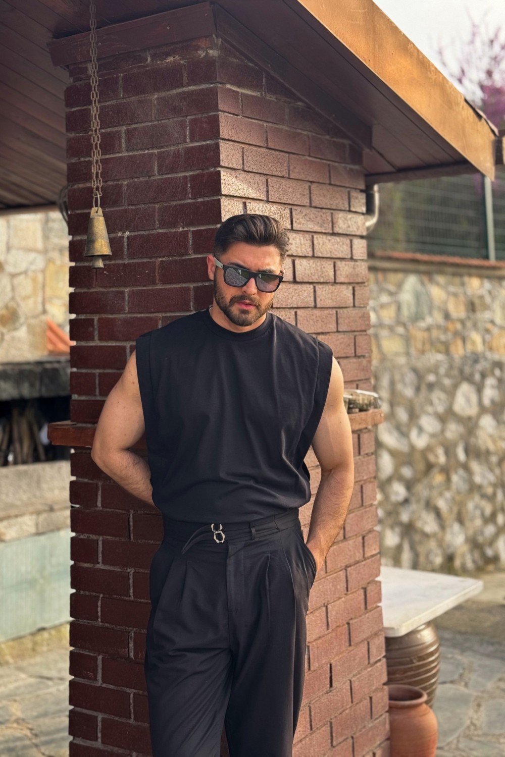 Guaraz Erkek Siyah Basketci Sıfır Kol Bisiklet Yaka Oversıze Kolsuz Kejıl T-Shirt görsel 5