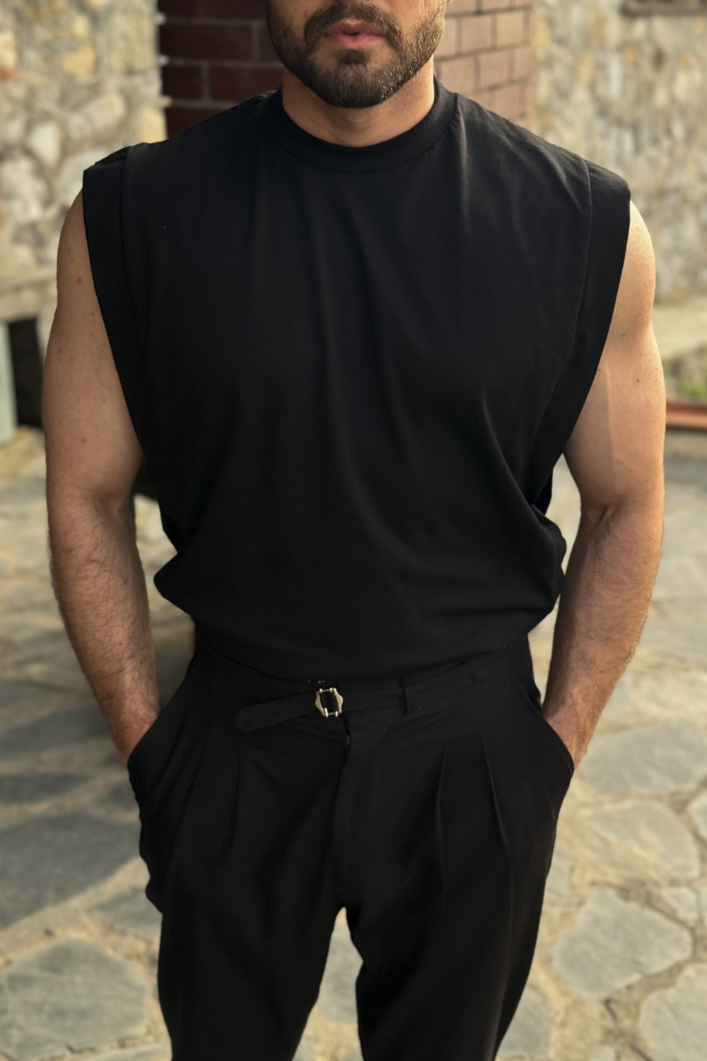 Guaraz Erkek Siyah Basketci Sıfır Kol Bisiklet Yaka Oversıze Kolsuz Kejıl T-Shirt görsel 7