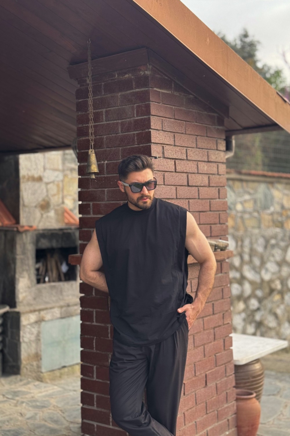 Guaraz Erkek Siyah Basketci Sıfır Kol Bisiklet Yaka Oversıze Kolsuz Kejıl T-Shirt görsel 6