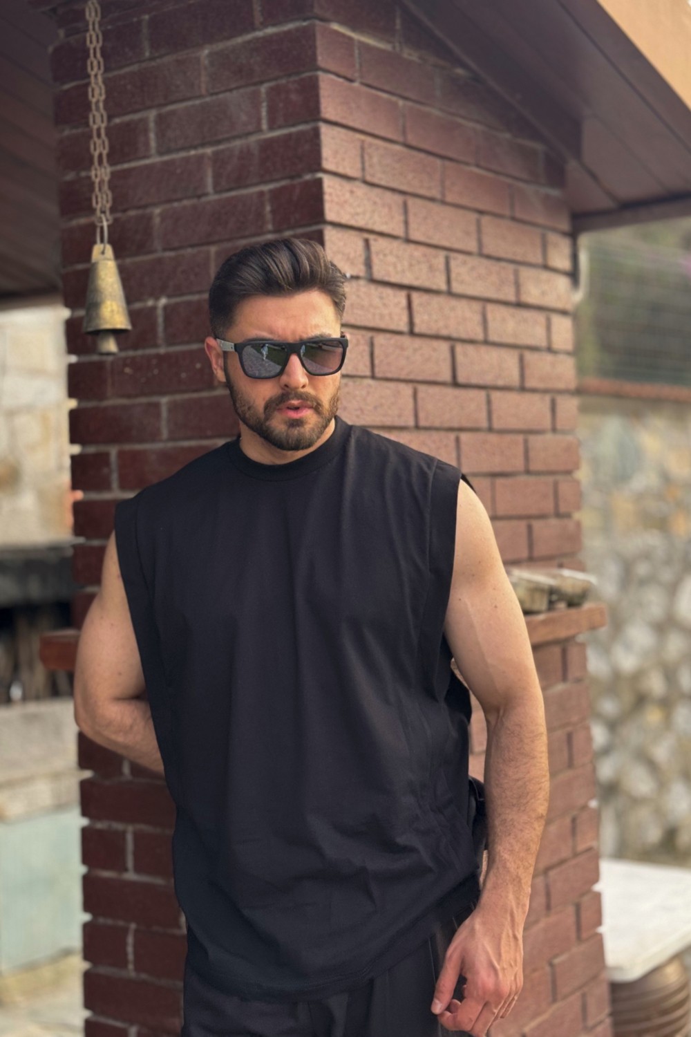 Guaraz Erkek Siyah Basketci Sıfır Kol Bisiklet Yaka Oversıze Kolsuz Kejıl T-Shirt görsel 2