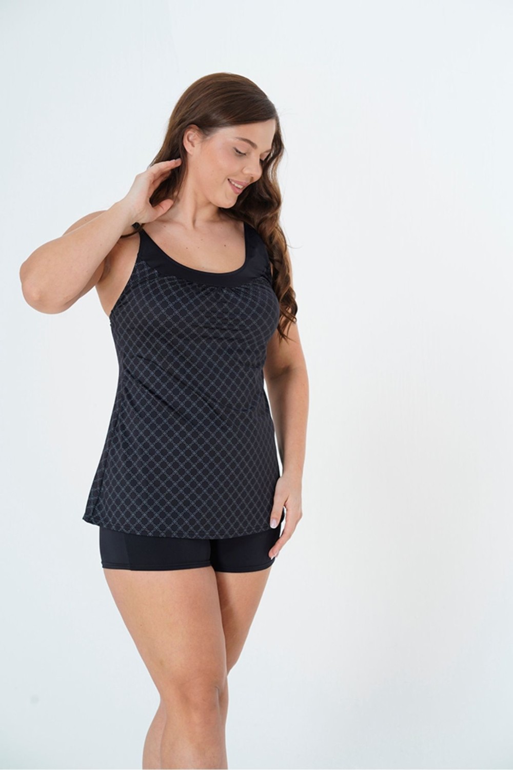 SUNSURF 2025 Kreasyonu Siyah Beyaz Kare Desenli Tankini Bikini Takımı