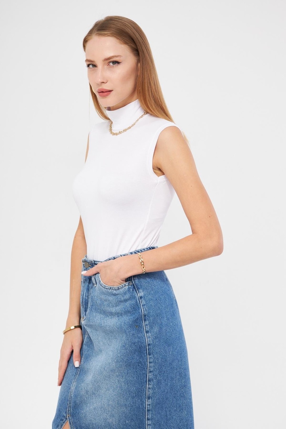 Irmak Kerekli Kadın Siyah Beyaz 2'li Kolsuz Body Yarım Boğaz Kadın Badi 2135 görsel 5