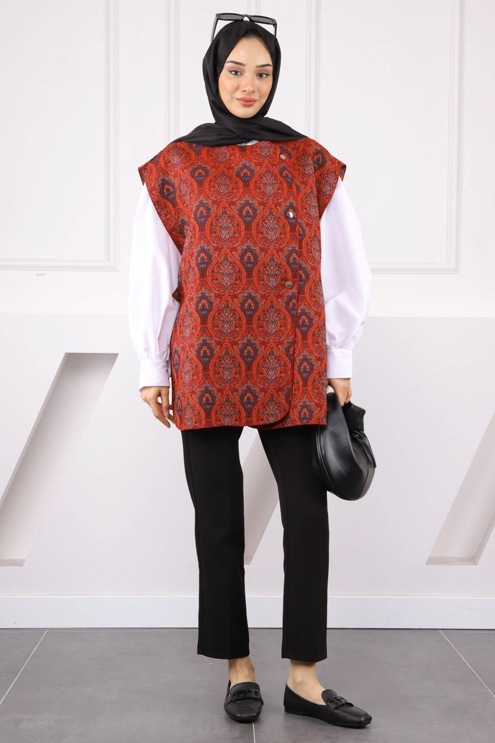 İmaj Butik Kırmızı Etnik Desenli Yelek