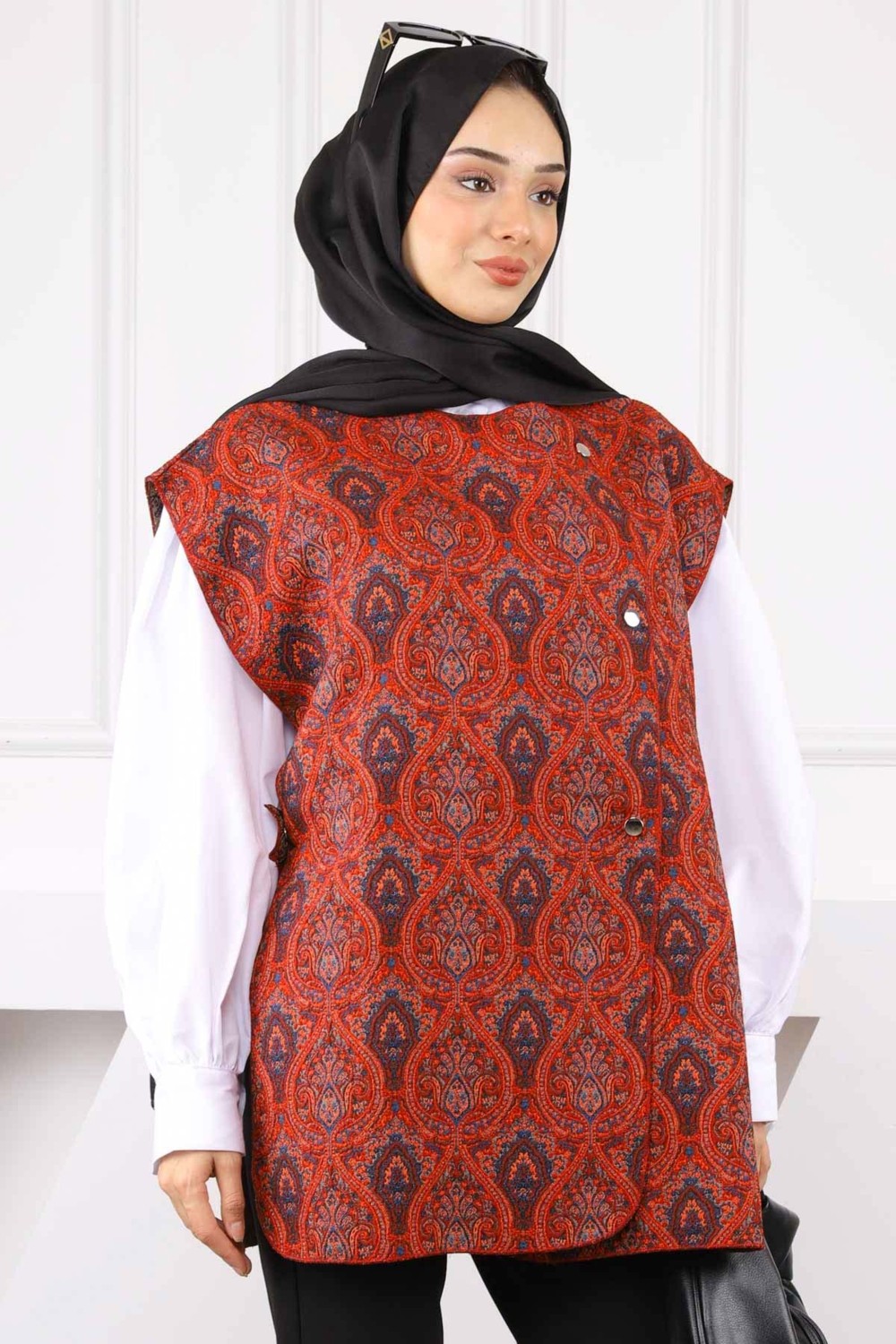 İmaj Butik Kırmızı Etnik Desenli Yelek görsel 4