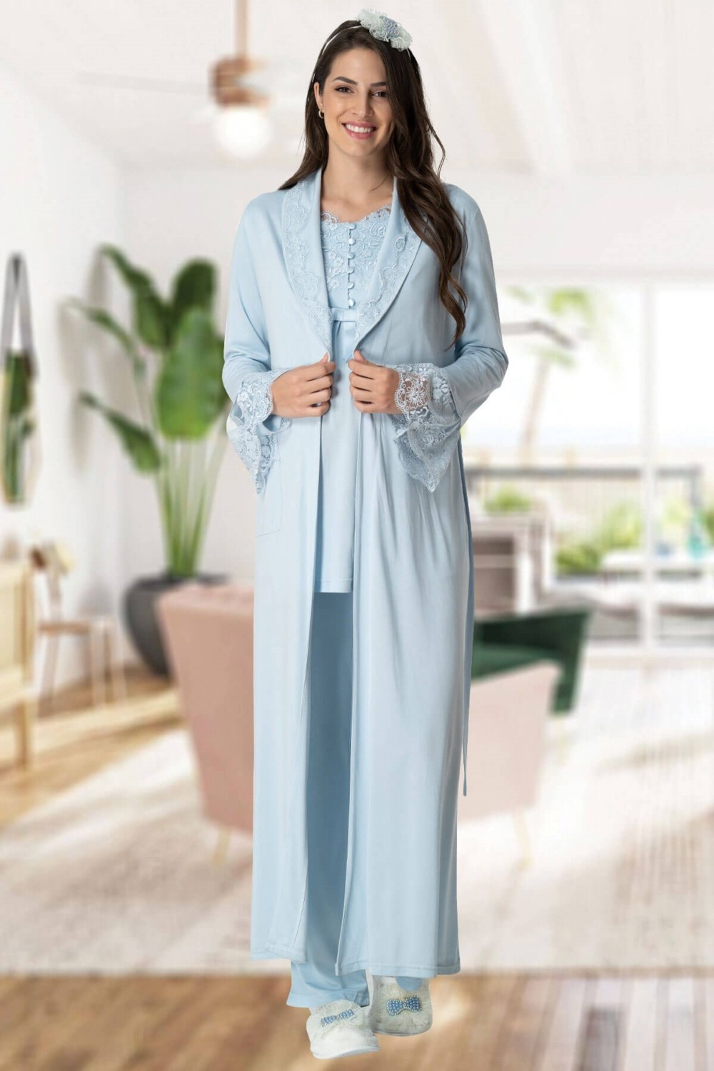 Mecit Pijama Mecit 1924 Mavi Dört Parça Hamile Lohusa Set görsel 5