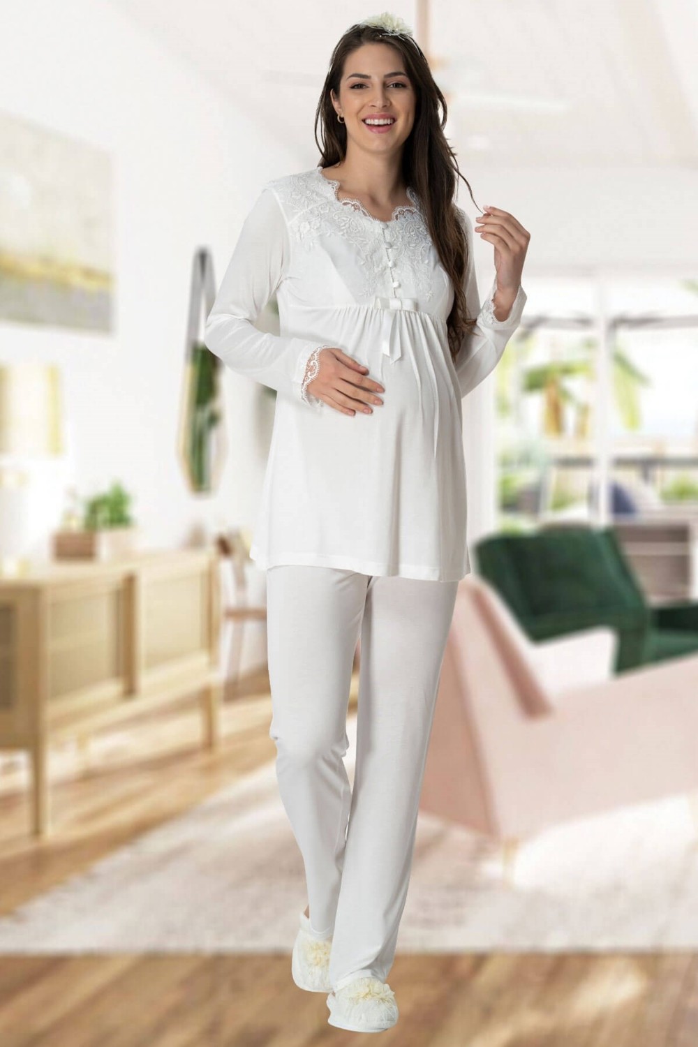 Mecit Pijama Mecit 5416 Ekru Uzun Sabahlıklı Lohusa Pjama Takımı görsel 4