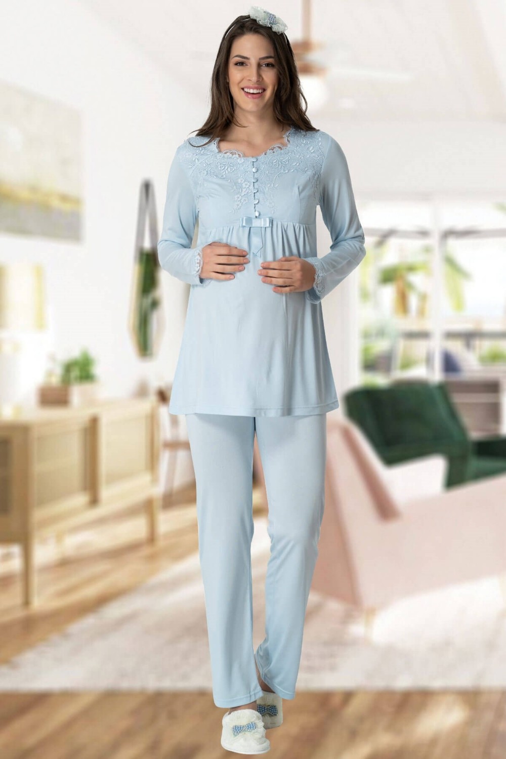 Mecit Pijama Mecit 5416 Mavi Uzun Sabahlıklı Lohusa Pjama Takımı görsel 4