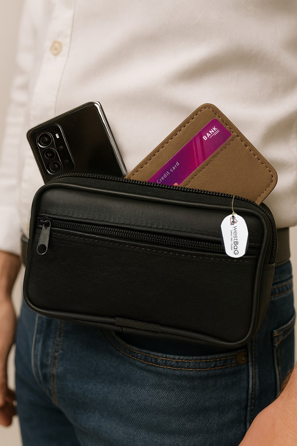 Westbag Siyah Hakiki Deri Kemerlik Telefon Bölmeli Kemer Çantası 3 Bölmeli Yatay