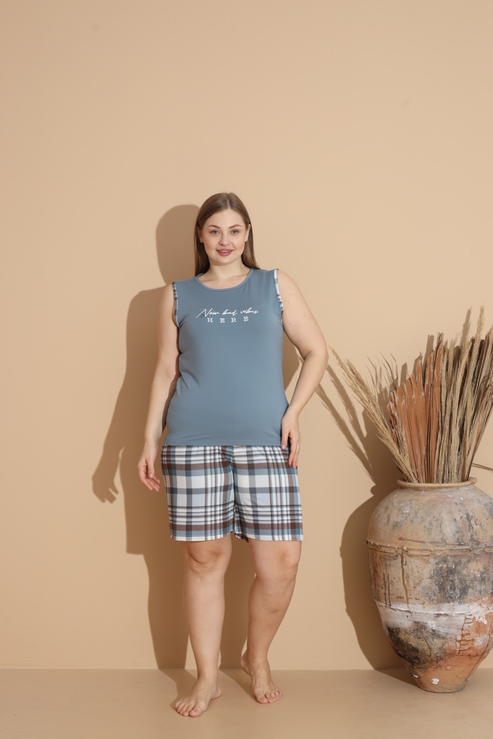 Lukitus Büyük Beden Battal Sıfır Yaka Sıfır Kol Şortlu Kadın Pijama Takımı görsel 7