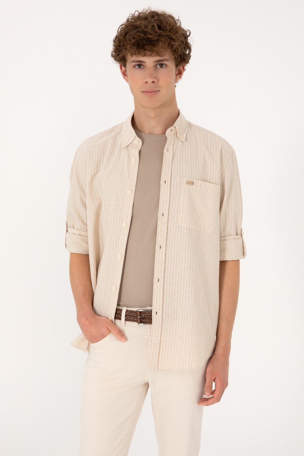 U.S. Polo Assn. Erkek Krem Comfort Fit Cepli Gömlek 50306383-VR071