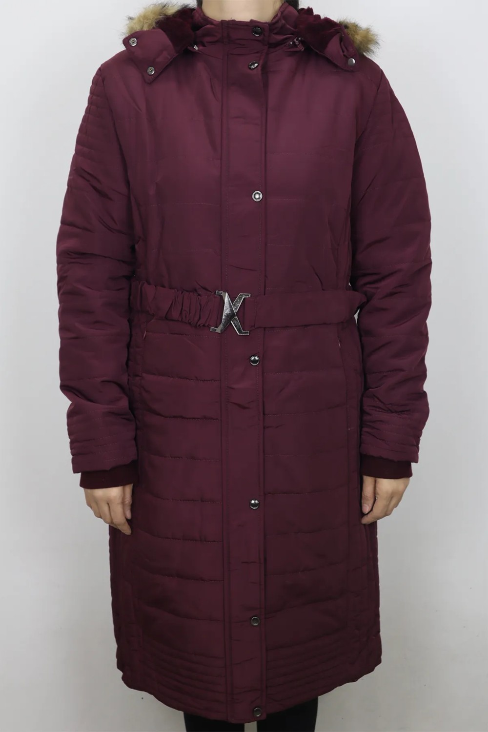 Bellisimo Fistan Store Kadın Hakim Yaka Normal Kalıp Kapüşonlu Çıtçıtlı Uzun Kışlık Battal Mont görsel 6
