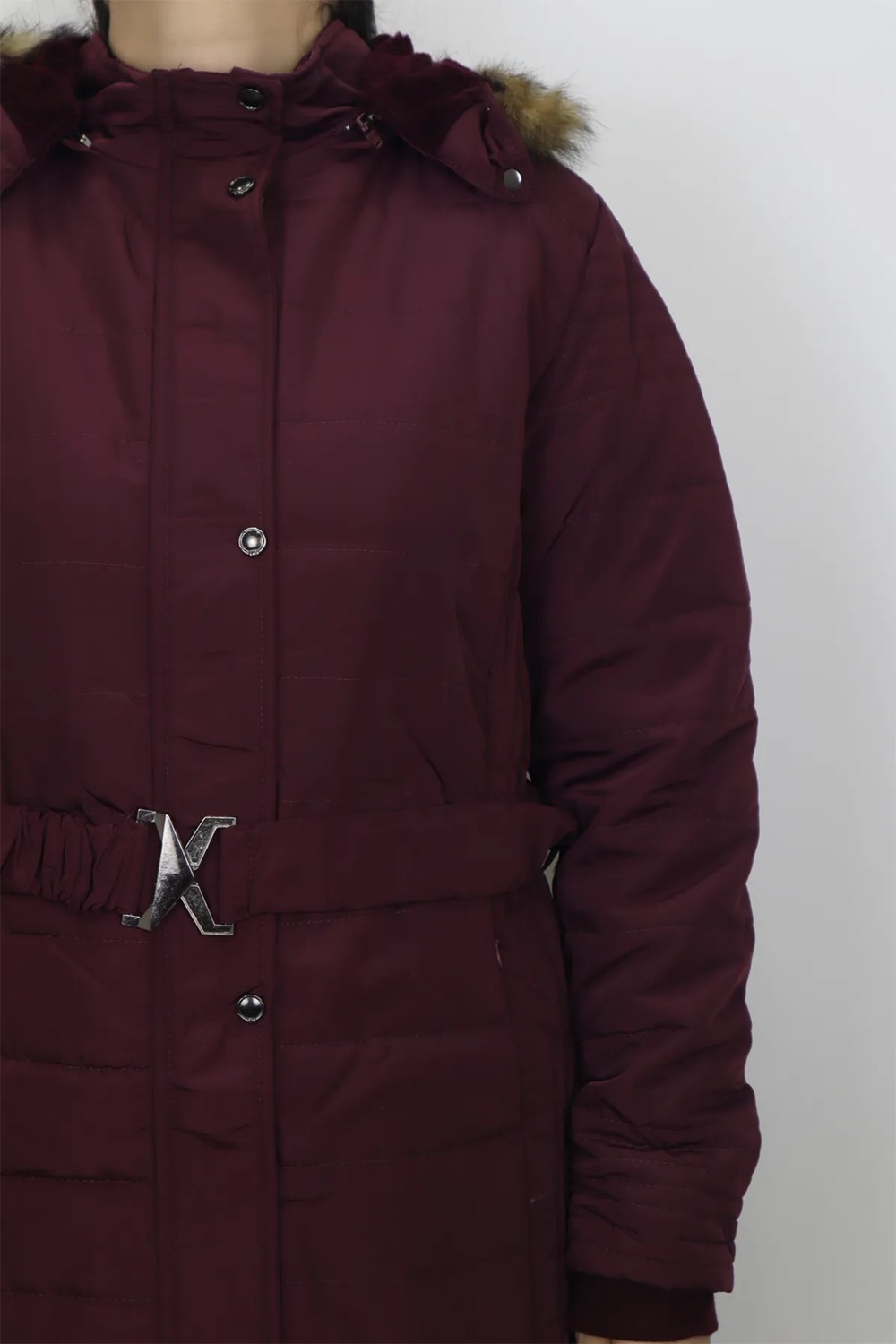 Bellisimo Fistan Store Kadın Hakim Yaka Normal Kalıp Kapüşonlu Çıtçıtlı Uzun Kışlık Battal Mont görsel 7