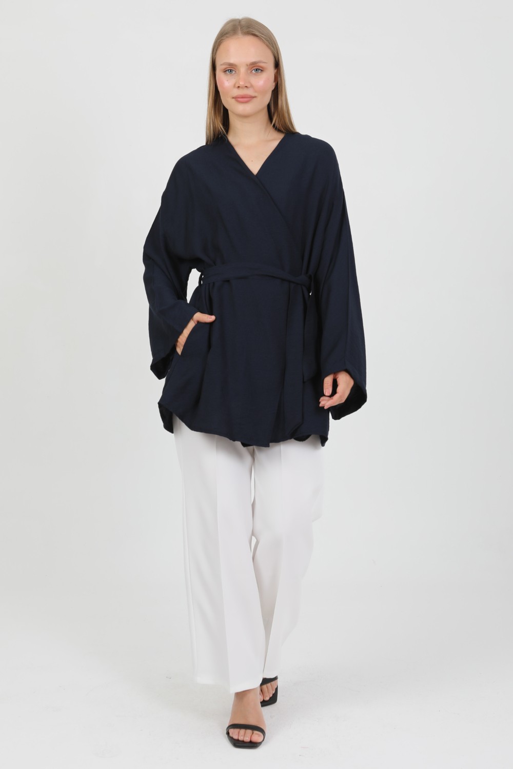Pastelastore Doğal Viskon Kumaş Cepli Kemerli Kadın Kimono 1168, Yakasız, Hafif, Dökümlü, Yazlık Model görsel 7