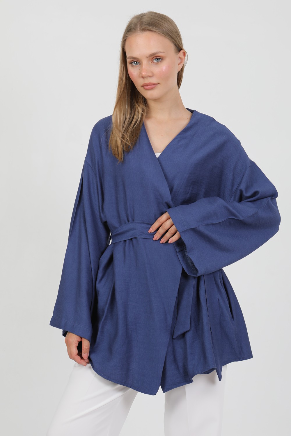 Pastelastore Doğal Viskon Kumaş Cepli Kemerli Kadın Kimono 1168, Yakasız, Hafif, Dökümlü, Yazlık Model