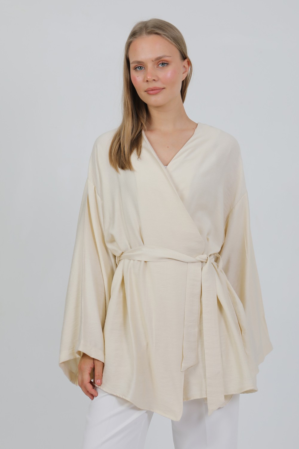 Pastelastore Doğal Viskon Kumaş Cepli Kemerli Kadın Kimono 1168, Yakasız, Hafif, Dökümlü, Yazlık Model