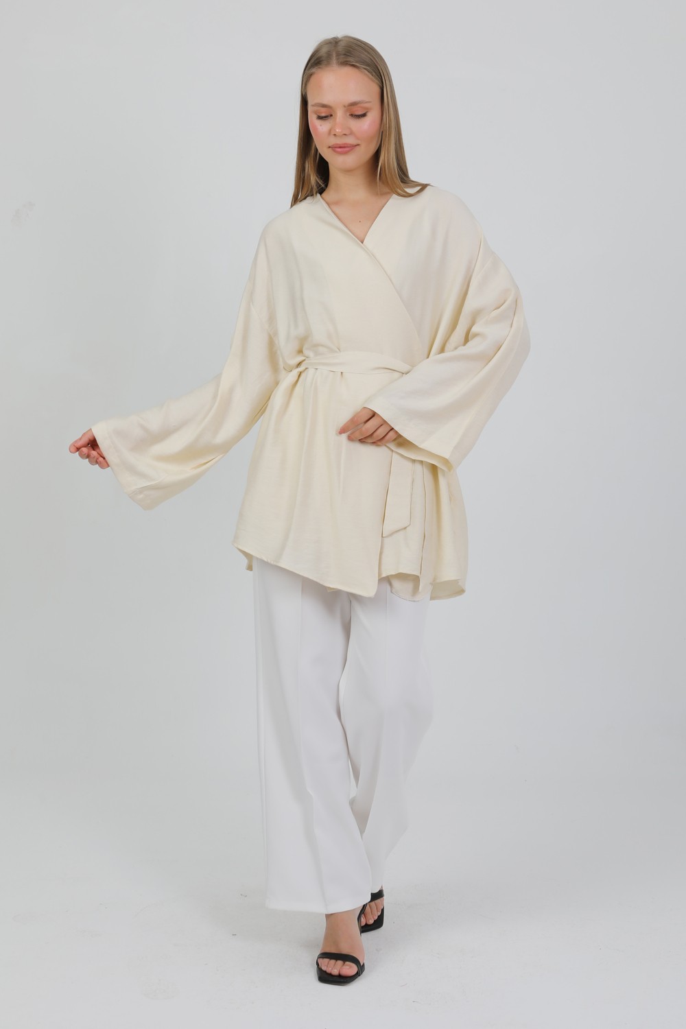 Pastelastore Doğal Viskon Kumaş Cepli Kemerli Kadın Kimono 1168, Yakasız, Hafif, Dökümlü, Yazlık Model görsel 2