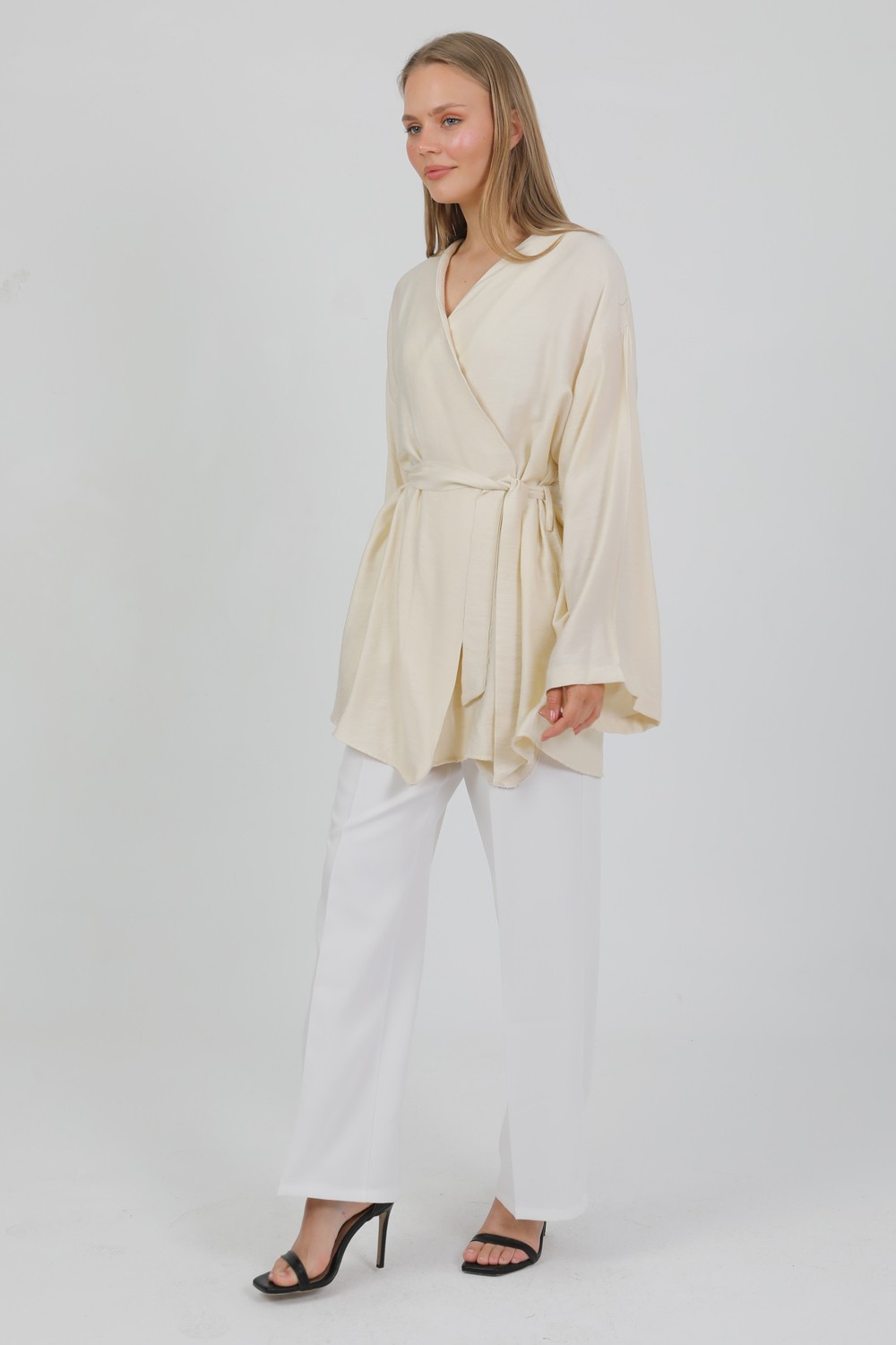 Pastelastore Doğal Viskon Kumaş Cepli Kemerli Kadın Kimono 1168, Yakasız, Hafif, Dökümlü, Yazlık Model görsel 3
