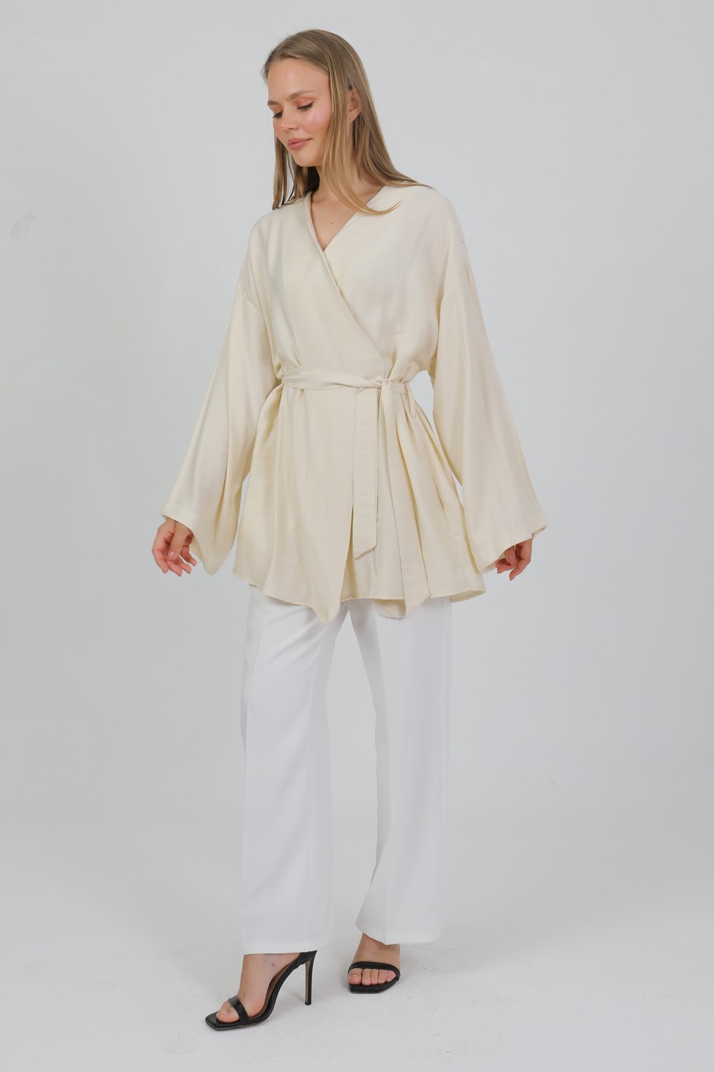Pastelastore Doğal Viskon Kumaş Cepli Kemerli Kadın Kimono 1168, Yakasız, Hafif, Dökümlü, Yazlık Model görsel 4