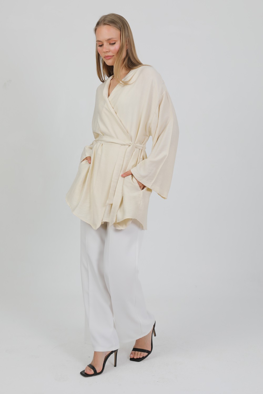 Pastelastore Doğal Viskon Kumaş Cepli Kemerli Kadın Kimono 1168, Yakasız, Hafif, Dökümlü, Yazlık Model görsel 5