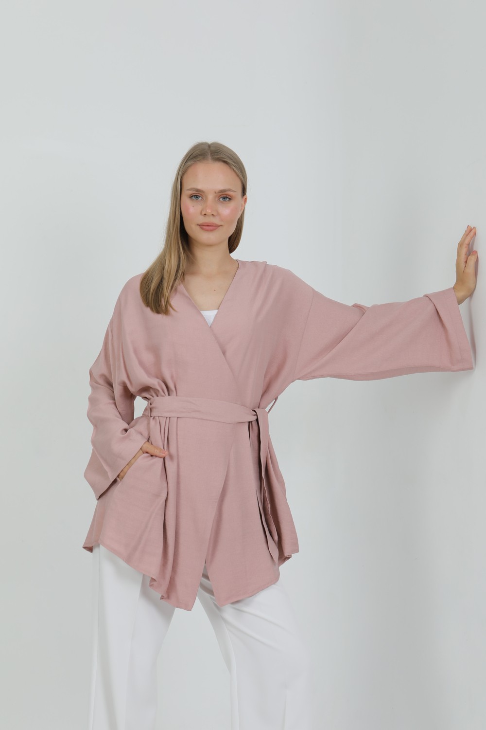 Pastelastore Doğal Viskon Kumaş Cepli Kemerli Kadın Kimono 1168, Yakasız, Hafif, Dökümlü, Yazlık Model