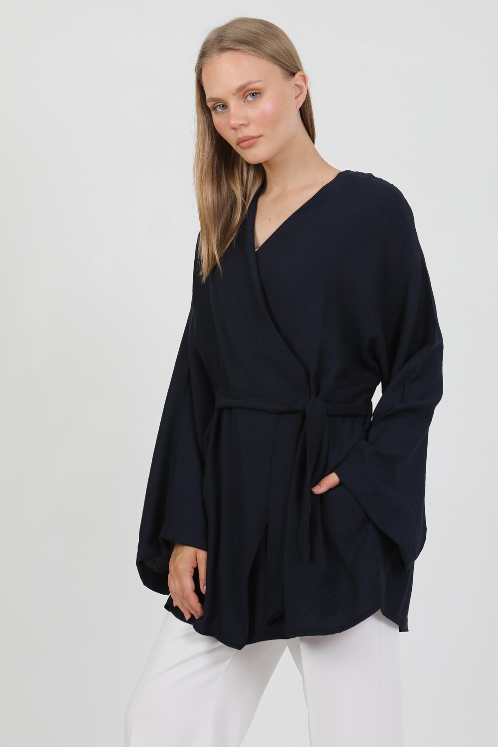 Pastelastore Doğal Viskon Kumaş Cepli Kemerli Kadın Kimono 1168, Yakasız, Hafif, Dökümlü, Yazlık Model görsel 6
