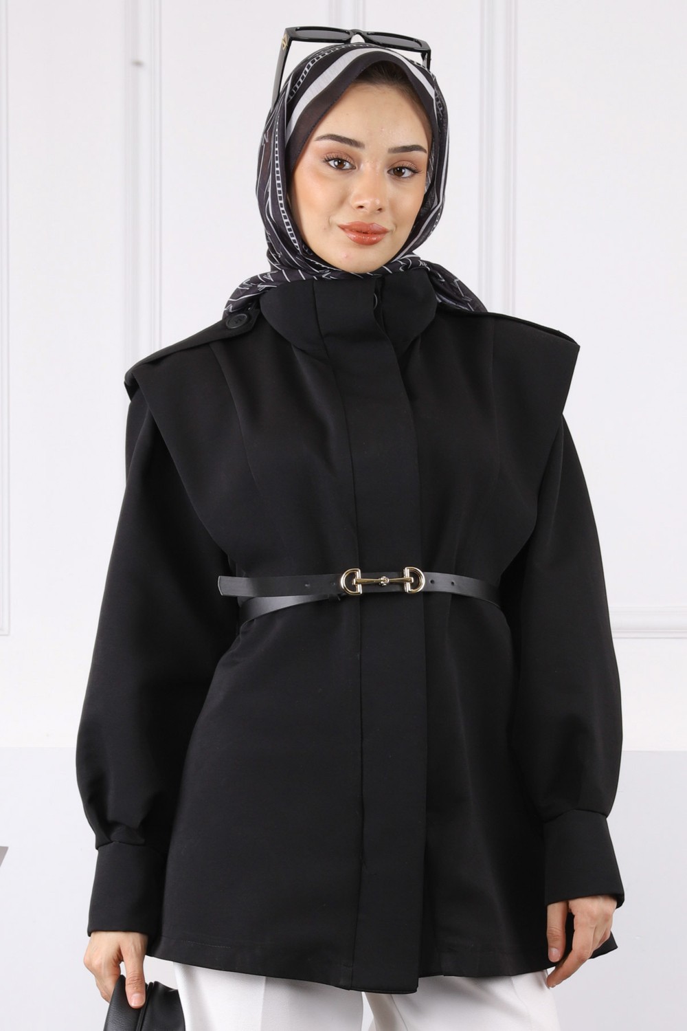İmaj Butik Siyah Omuz Apoletli Kemerli Trençkot