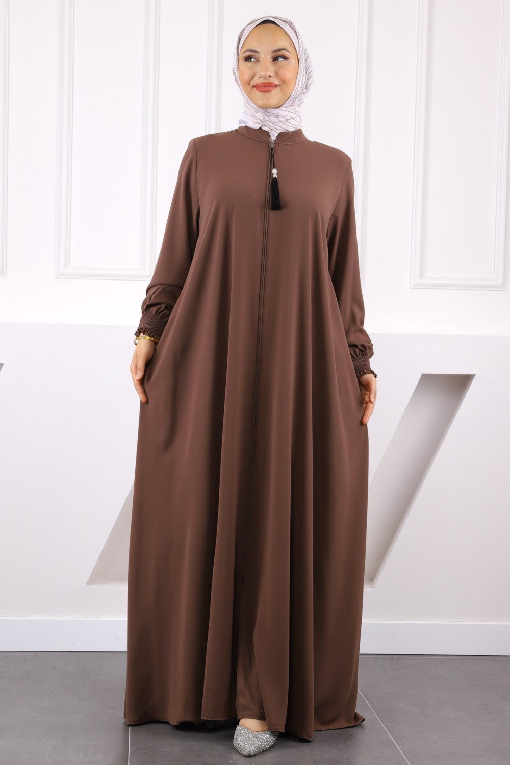 İmaj Butik Koyuv Vizon Kol Lastikli Fermuarlı Ferace