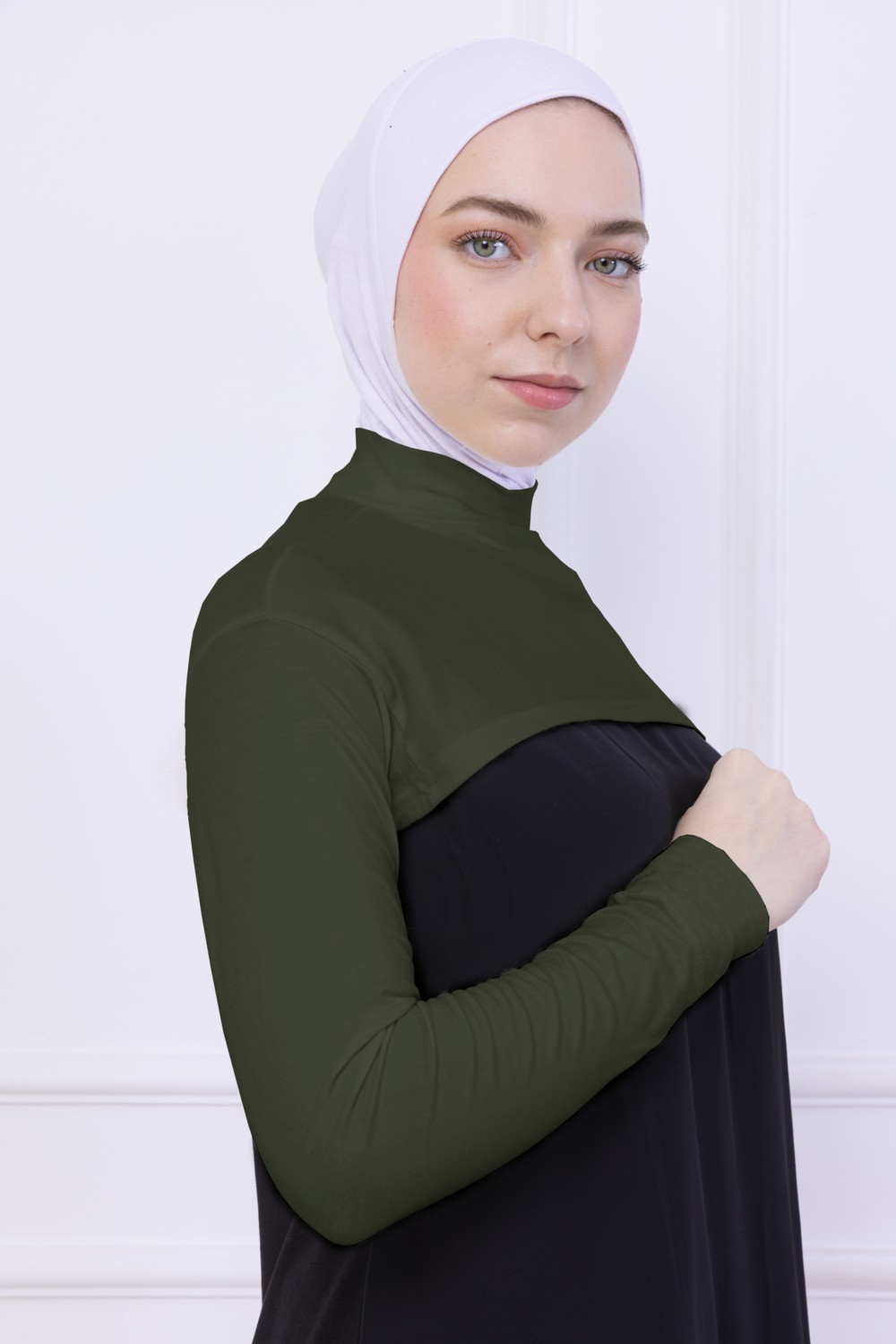 Loggia Balıkçı Yaka Boyunluklu Kolluk Siyah - Likralı Dik Yakalı Kadın Body Tesettür Crop Bolero