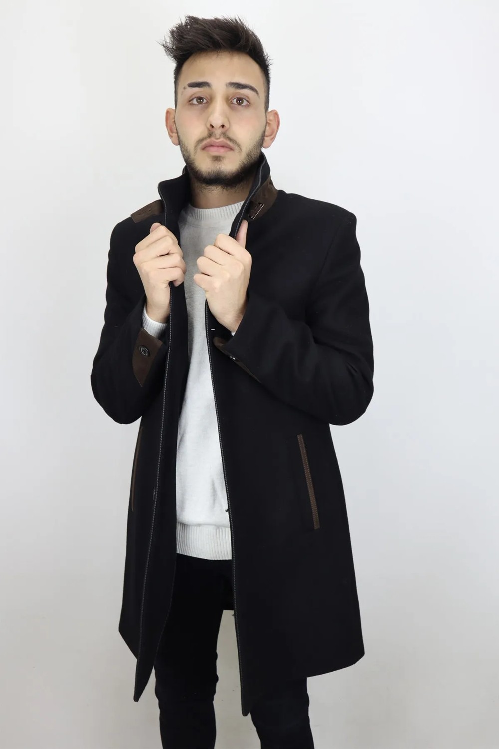 Marco Muratti Fistan Store Erkek Siyah Hakim Yaka Italyan Kesim Dar Kalıp Yünlü Düğme Kapamalı Kışlık Kaşmir Kaban görsel 2