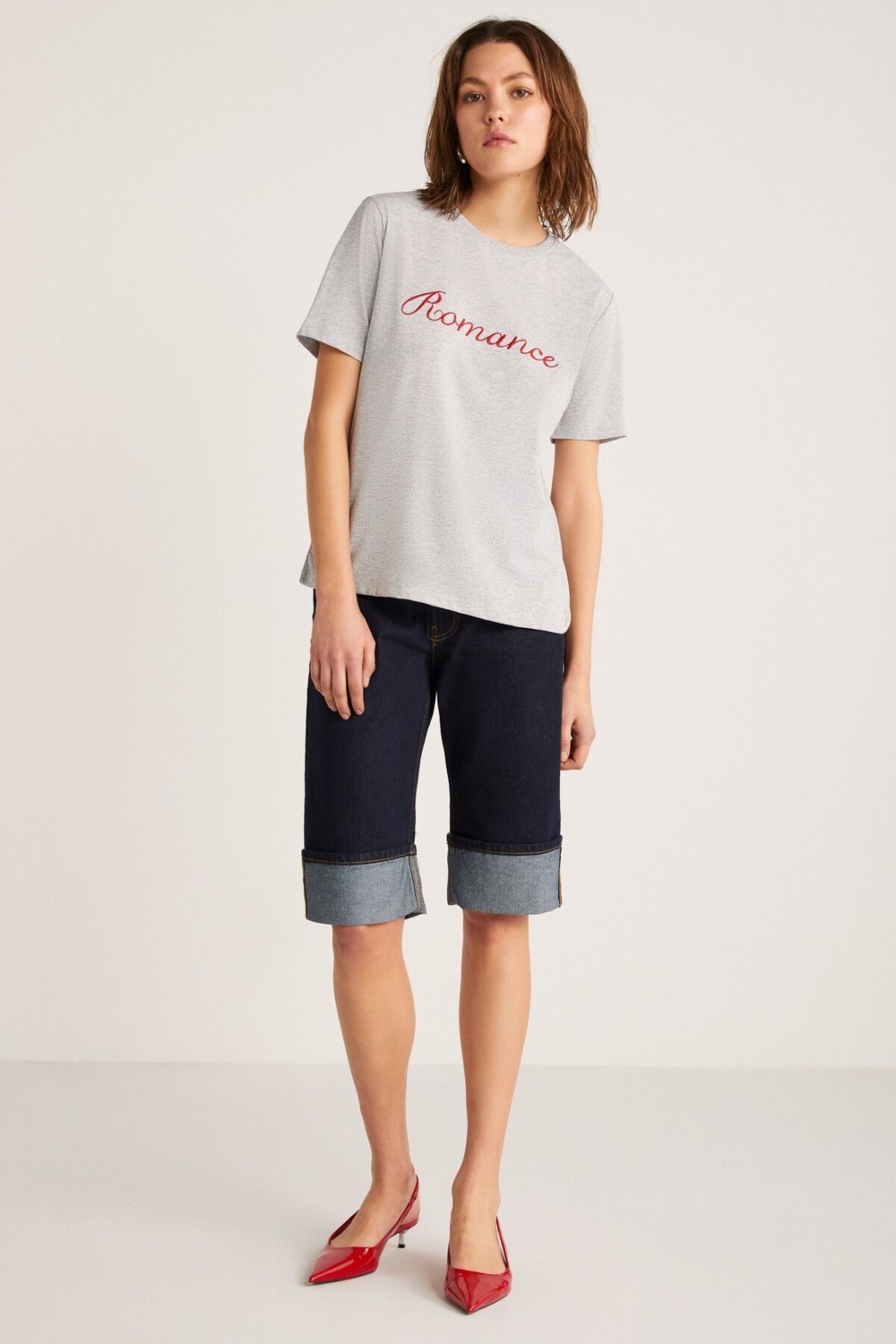 Grimelange Elestren Kadın Oversize Kısa Kollu Önü Kırmızı Yazi Detaylı Ekru T-shirt görsel 2