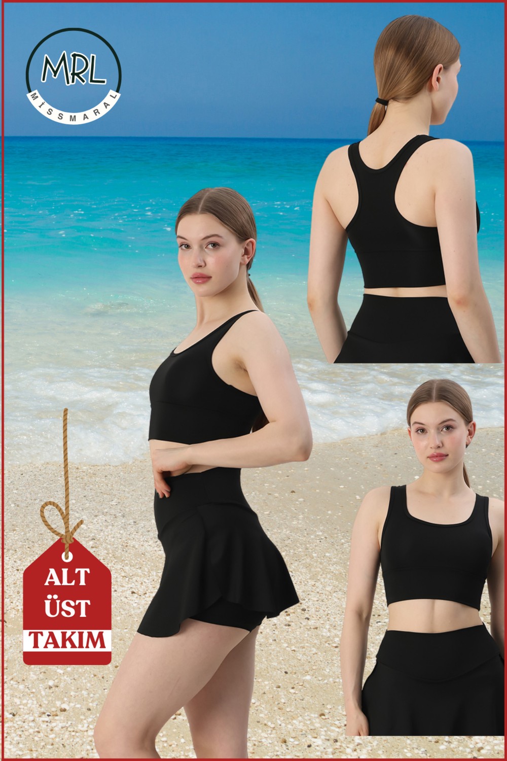 Miss Maral Kadın Siyah Alt-Üst Takım Şort & Crop Denizde Havuzda Sporda Casual / Günlük Kullanım TK3107