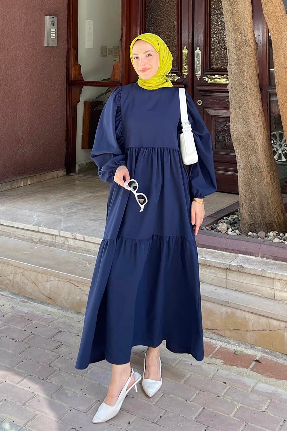 Lamelif Balon Kol Katlı Yazlık Elbise Mürdüm