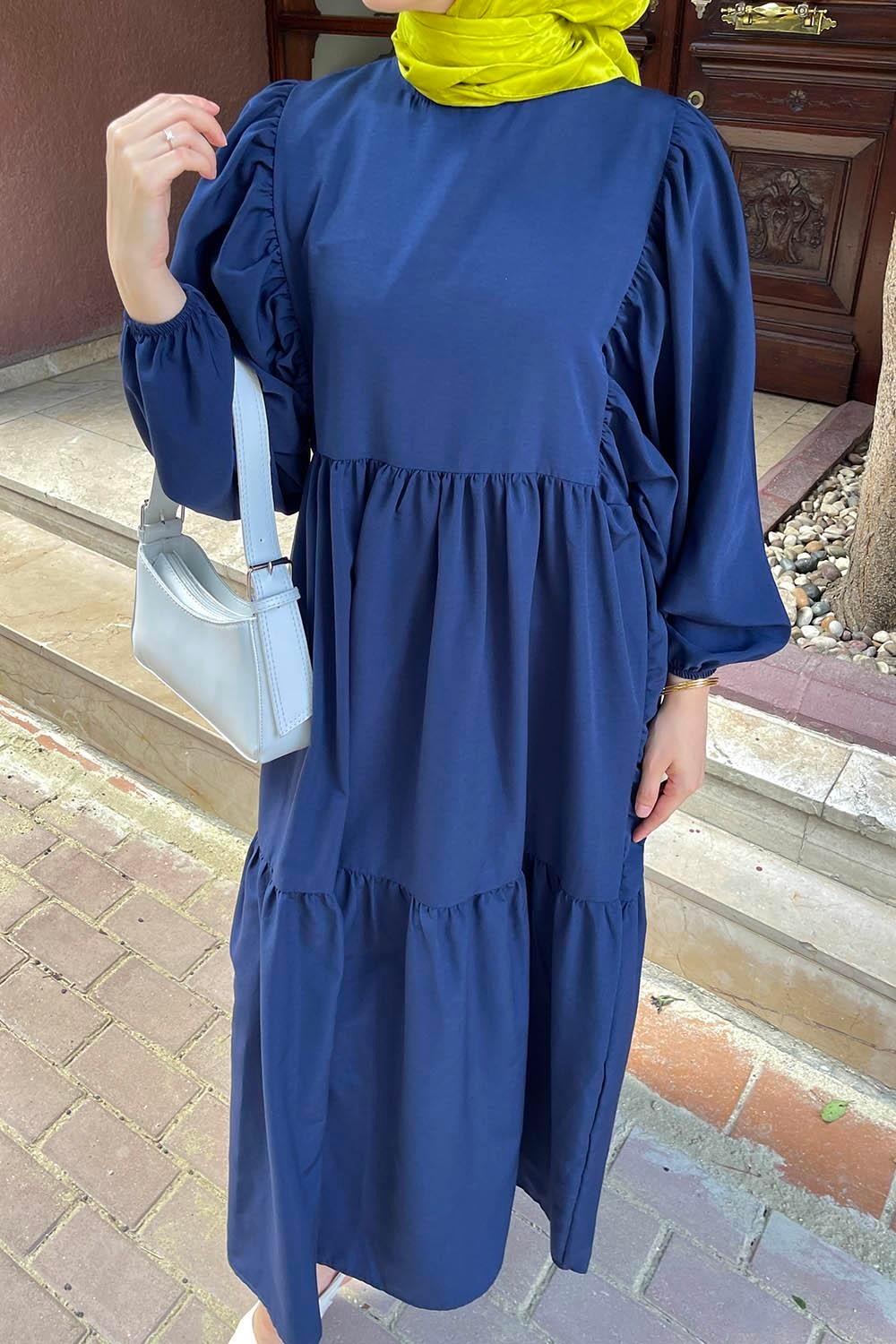 Lamelif Balon Kol Katlı Yazlık Elbise Mürdüm görsel 6