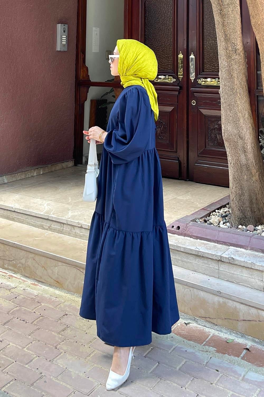 Lamelif Balon Kol Katlı Yazlık Elbise Mürdüm görsel 7