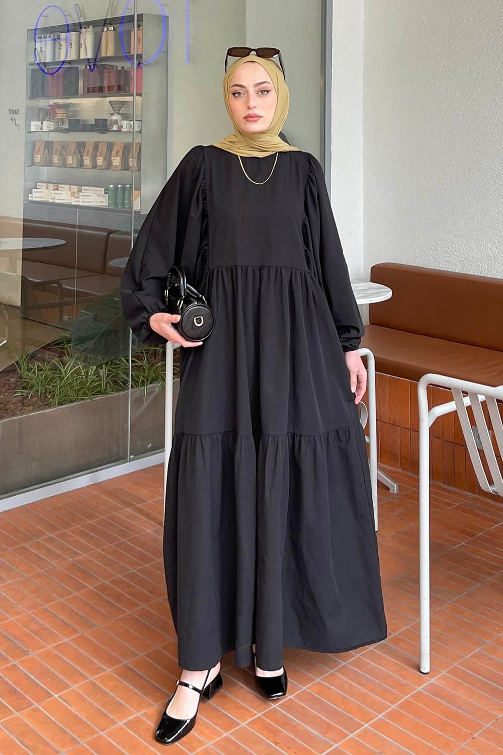 Lamelif Balon Kol Katlı Yazlık Elbise Mürdüm
