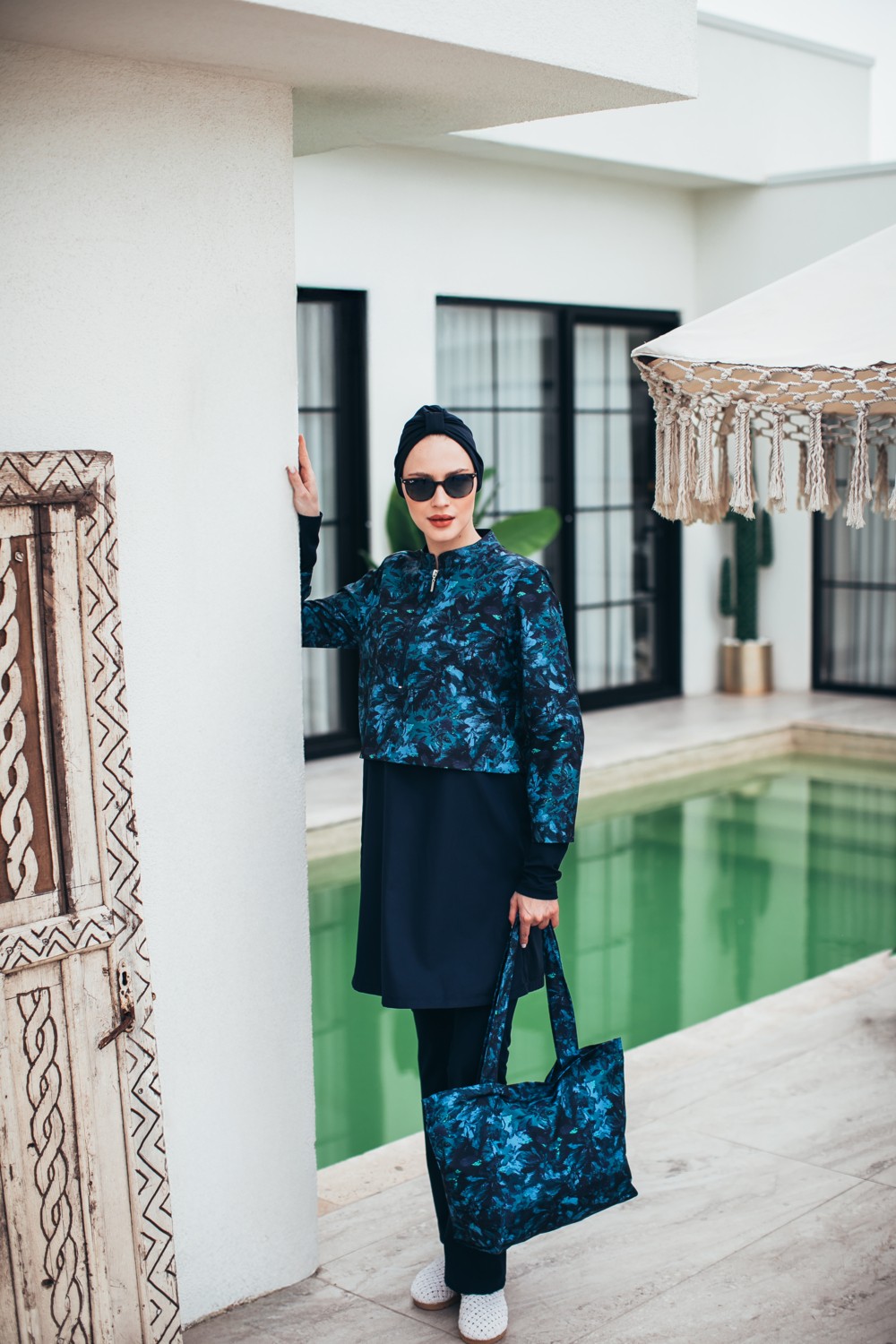 Massmizo Midnight Blue Kadın Kısa Desenli Fermuarlı Tam Kapalı Tesettür Mayo 3'lu Set görsel 4