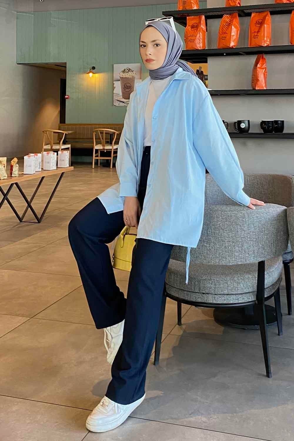 Lamelif Oversize Gömlek Bebe Mavisi Pamuk Polyester Düz Desen Uzun Kol Özellikli Kadın