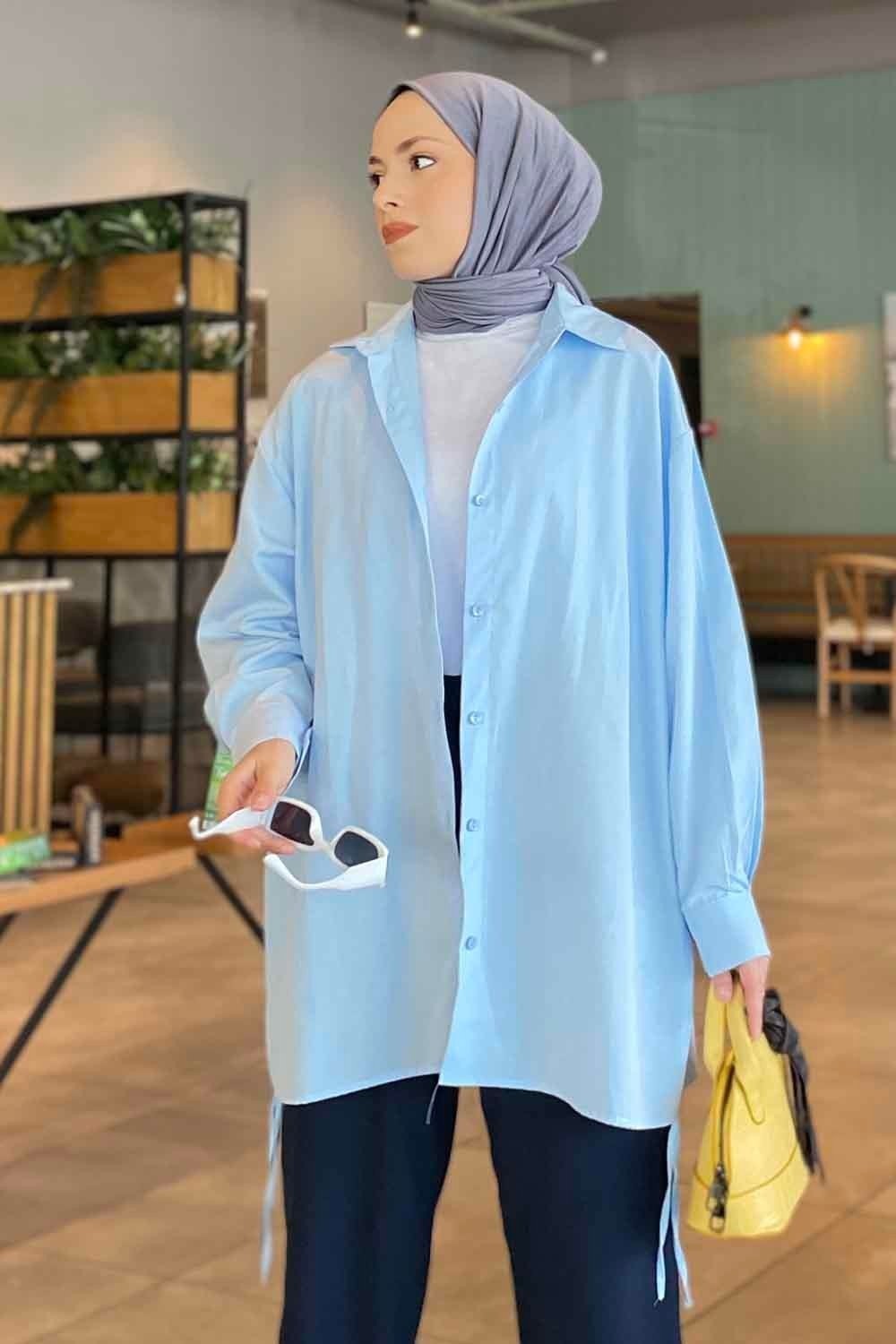 Lamelif Oversize Gömlek Bebe Mavisi Pamuk Polyester Düz Desen Uzun Kol Özellikli Kadın görsel 2
