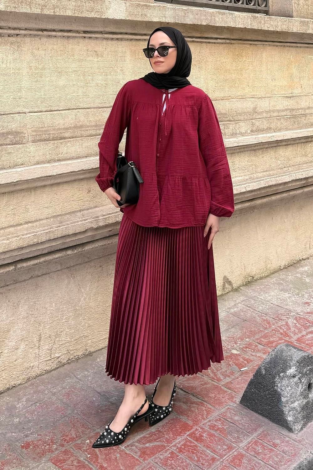 Lamelif V Yaka Kolları Lastikli Müslim Tesettür Gömlek Soft Sarı
