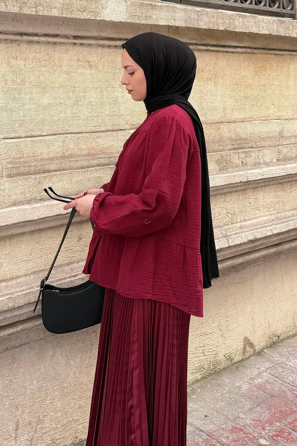 Lamelif V Yaka Kolları Lastikli Müslim Tesettür Gömlek Soft Sarı görsel 2