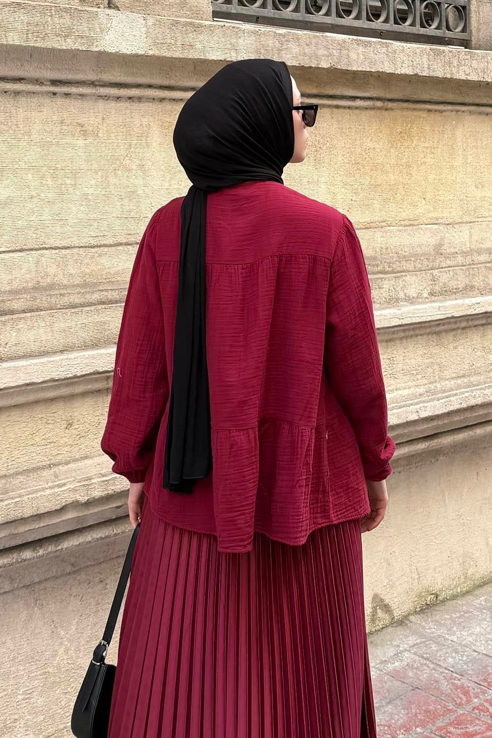 Lamelif V Yaka Kolları Lastikli Müslim Tesettür Gömlek Soft Sarı görsel 4