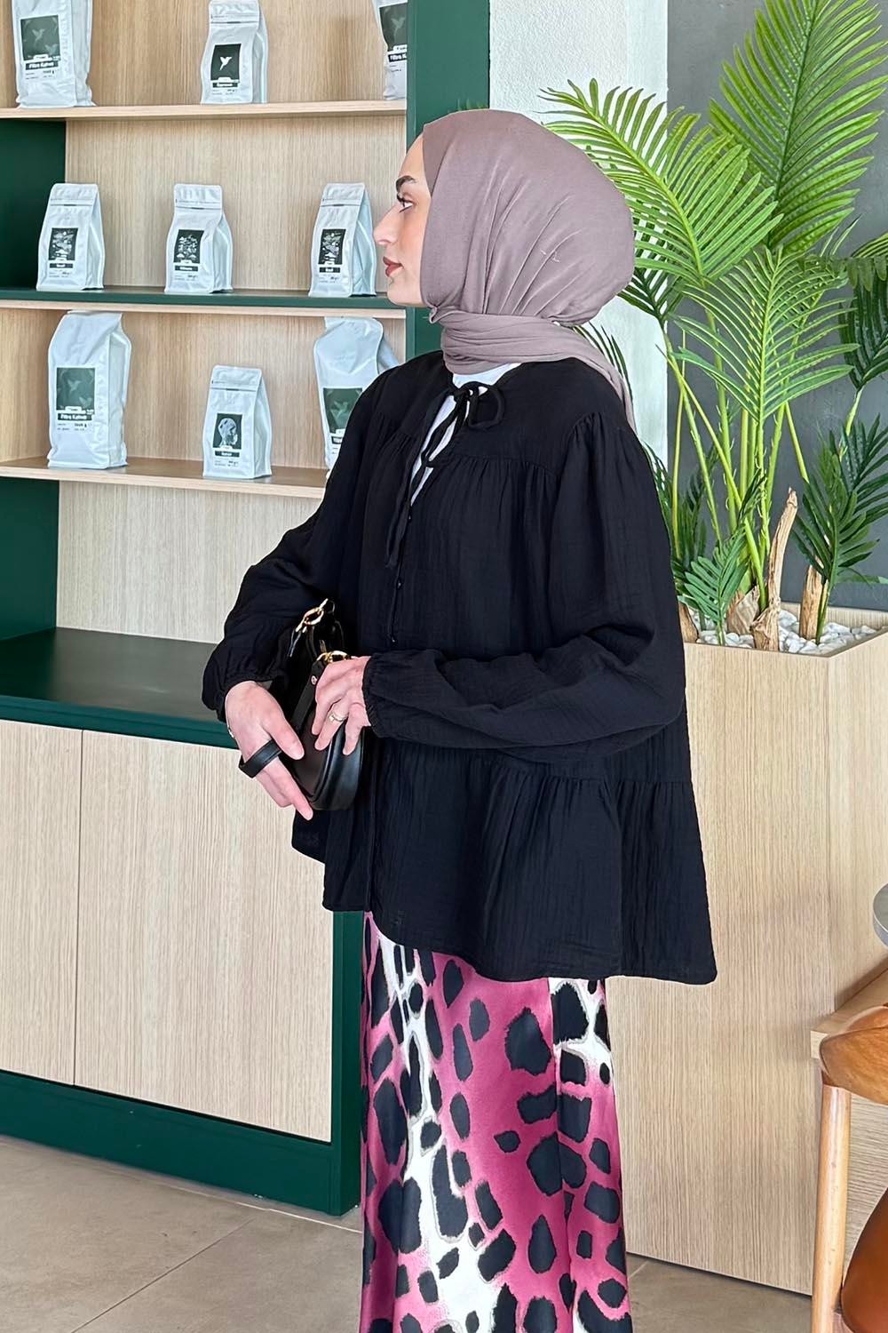 Lamelif V Yaka Kolları Lastikli Müslim Tesettür Gömlek Soft Sarı görsel 6