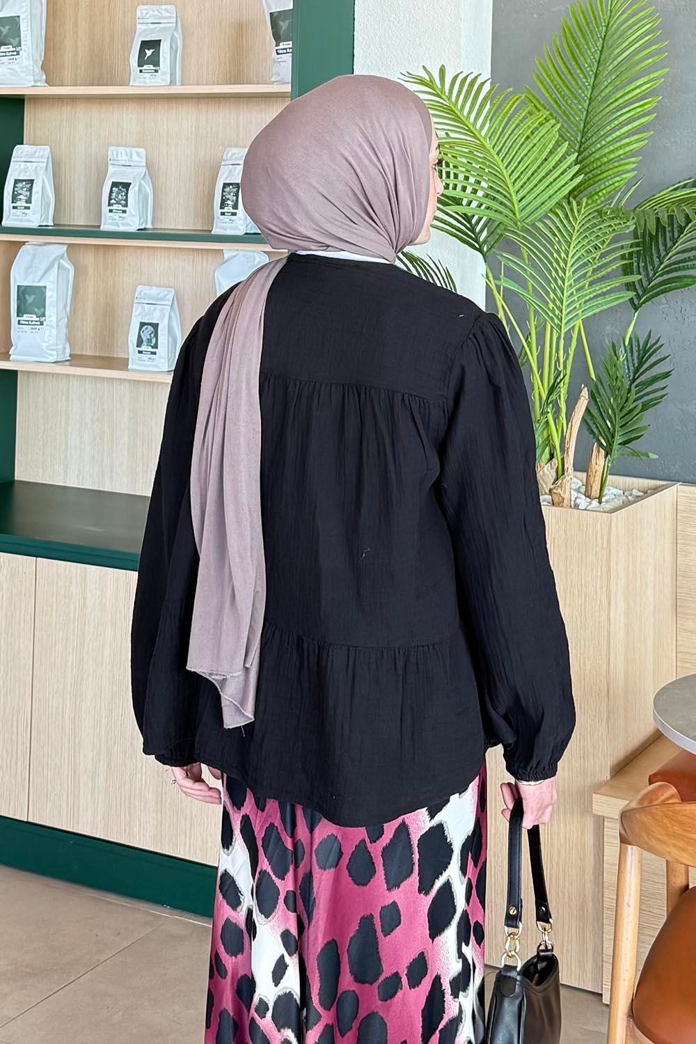 Lamelif V Yaka Kolları Lastikli Müslim Tesettür Gömlek Soft Sarı görsel 8