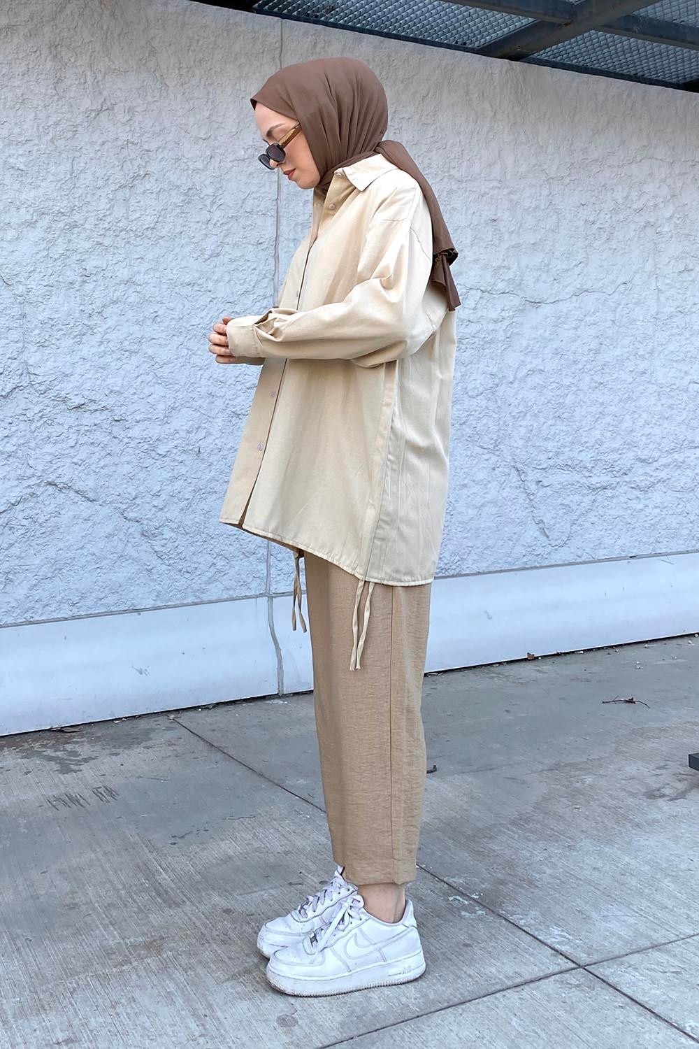 Lamelif Oversize Gömlek Bebe Mavisi Pamuk Polyester Düz Desen Uzun Kol Özellikli Kadın