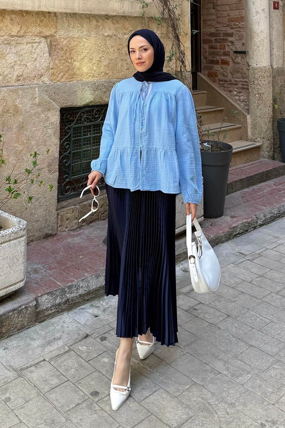 Lamelif V Yaka Kolları Lastikli Müslim Tesettür Gömlek Soft Sarı