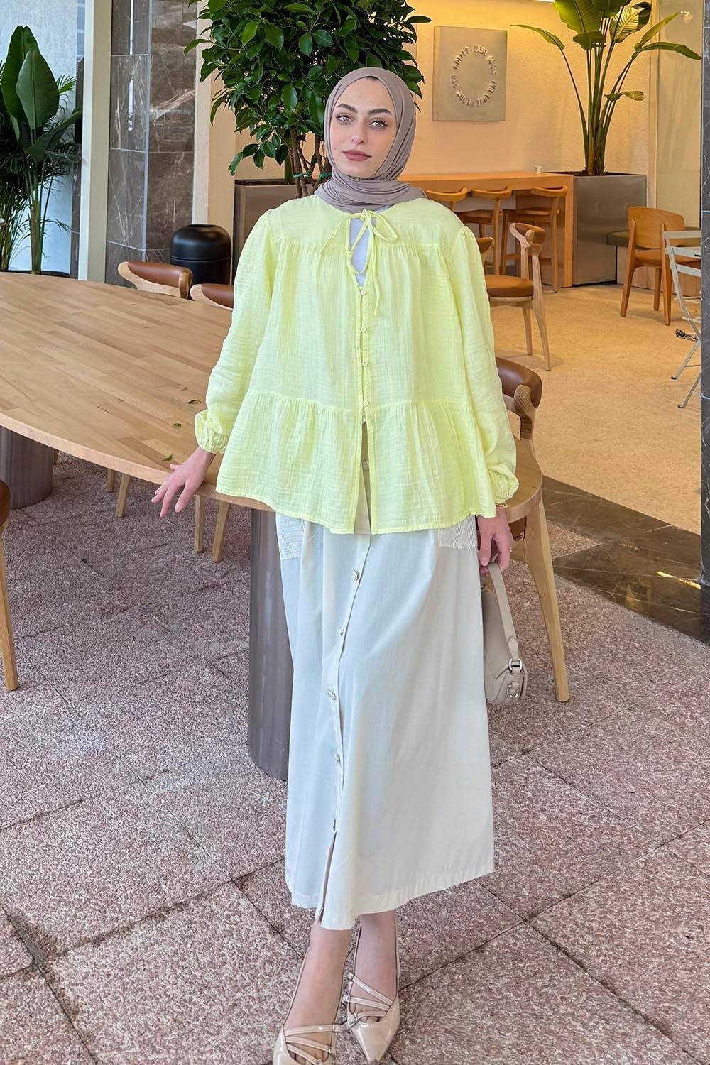Lamelif V Yaka Kolları Lastikli Müslim Tesettür Gömlek Soft Sarı
