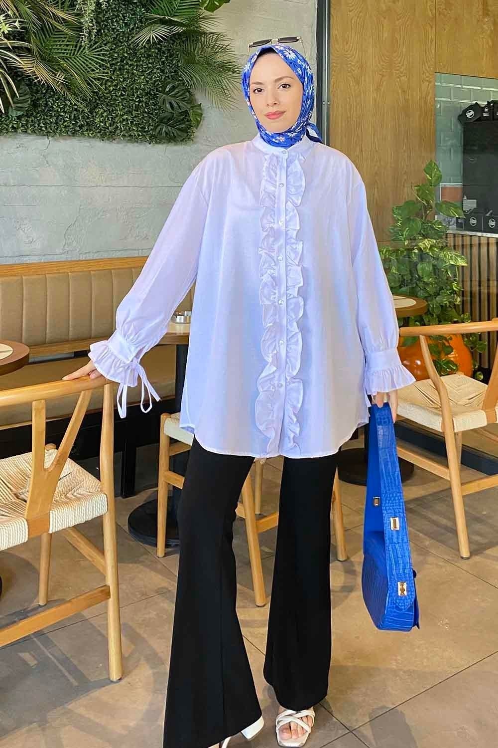 Lamelif Flores Beyaz Fırfırlı Tunik Uzun Kol Oversize Düz Desenli Kadın Moda Stili