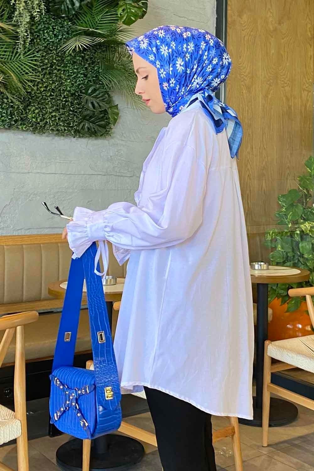 Lamelif Flores Beyaz Fırfırlı Tunik Uzun Kol Oversize Düz Desenli Kadın Moda Stili görsel 2