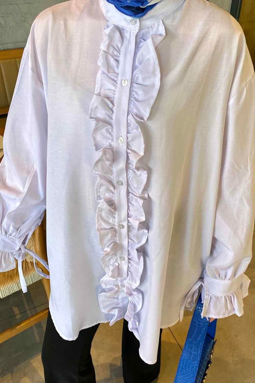 Lamelif Flores Beyaz Fırfırlı Tunik Uzun Kol Oversize Düz Desenli Kadın Moda Stili görsel 3